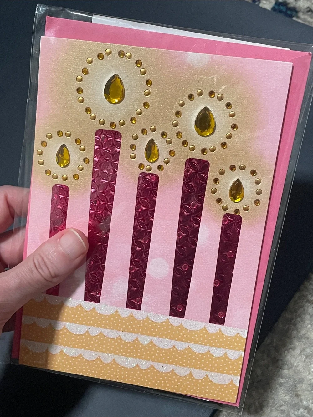 🖤5/$25 Pink Foil Birthday Candle Card with Yellow Gem Accents